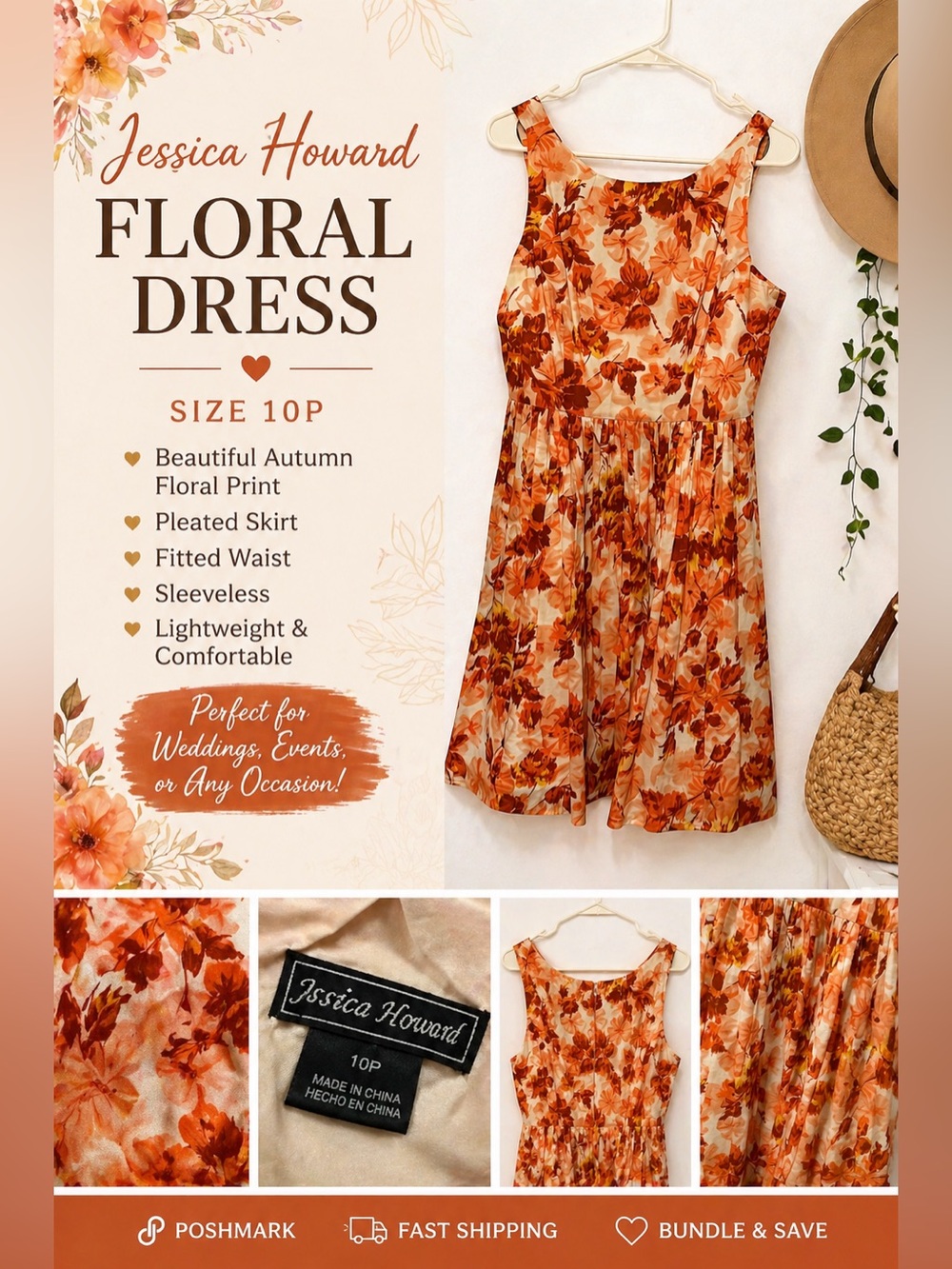 Jessica Howard Floral Dress 10P Petite Orange Fall Wedding Guest Fit Flared